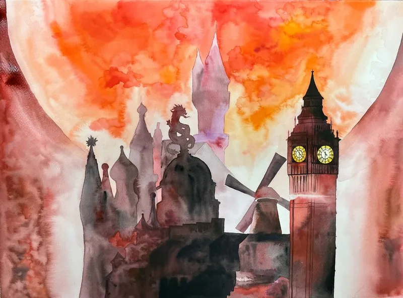 Landmarks from several nations stand beneath a blood moon in a dark reflection on global tension and the possibility of war.