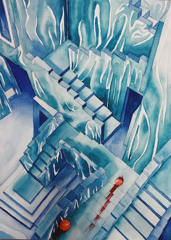 Inspired by Squid Game, medical-gown textures and red balls on stairs connect the pandemic with a reflection on human behaviour.
