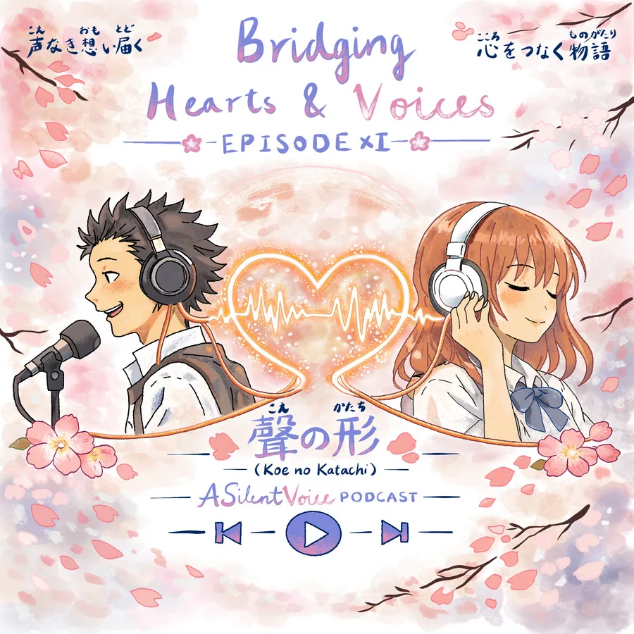 Pastel podcast cover inspired by A Silent Voice, with two characters wearing headphones, cherry blossoms, and a heart-shaped sound wave.