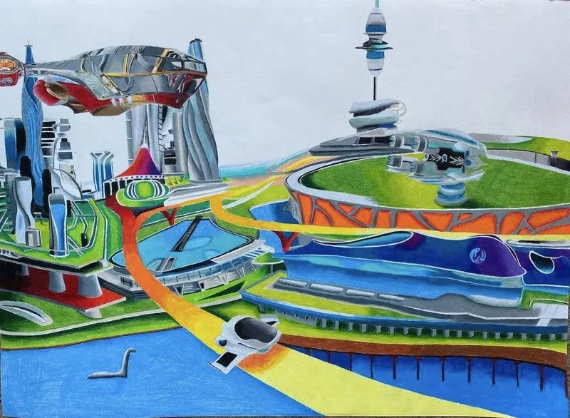 A diverse future city imagines flying cars, spacecraft, and space elevators as part of everyday life.