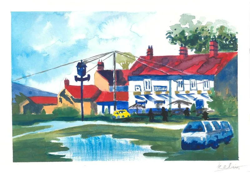 Simplified houses, cars, and woodland imagine the quiet purity of a world after humanity has disappeared.