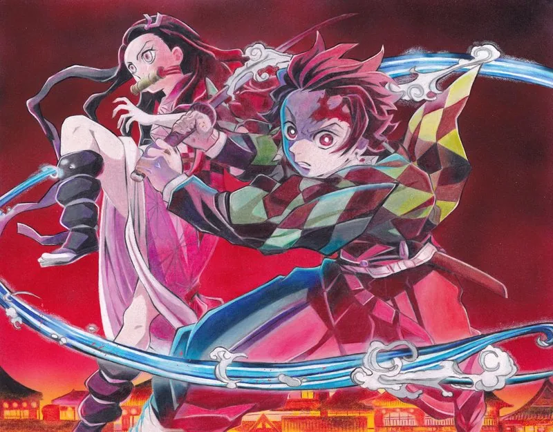Tanjiro and Nezuko from Demon Slayer stand together against formidable demons, expressing their unbreakable bond.