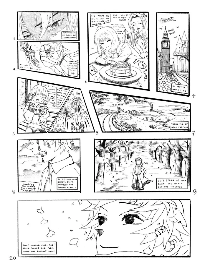 A ten-panel black-and-white manga memoir moving through friendship, shared memories, sorrow, and renewed hope.
