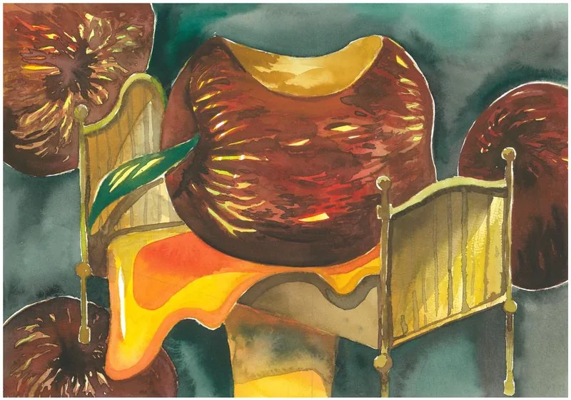 Oversized apples represent rewards and dreams, while a bed represents life’s foundations; unchecked ambition threatens to overwhelm them.