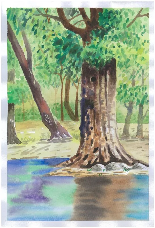 A family painting from the Guilin journey takes inspiration from a towering tree and the vivid green of the forest behind it.