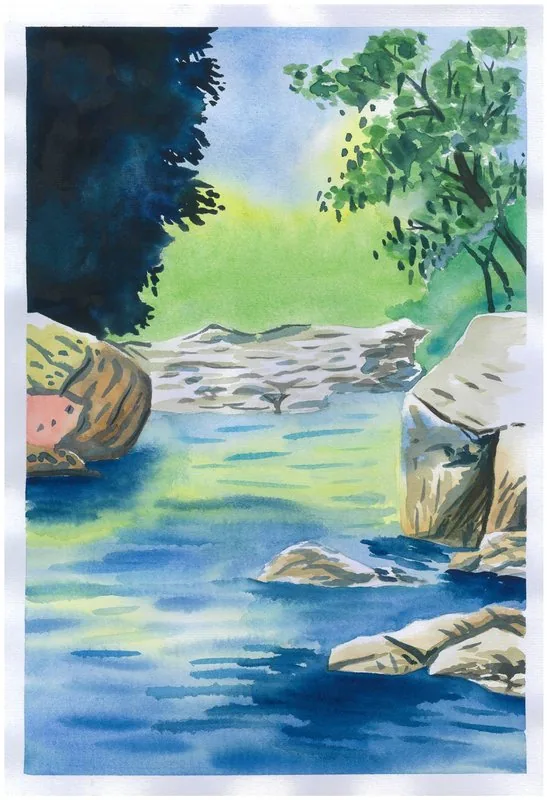 A painting made together with his parents while travelling by boat on Guilin’s Li Jiang River depicts its clear blue water.