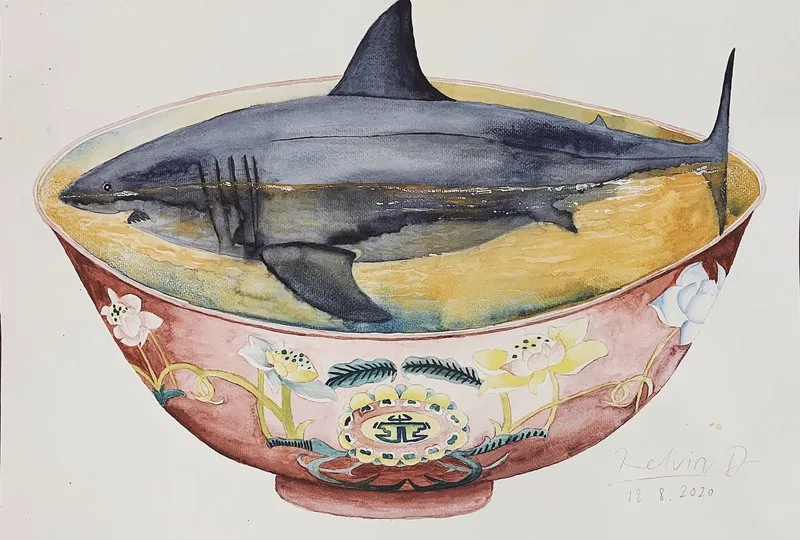 A shark trapped within a Chinese bowl calls attention to marine conservation and the protection of endangered species.