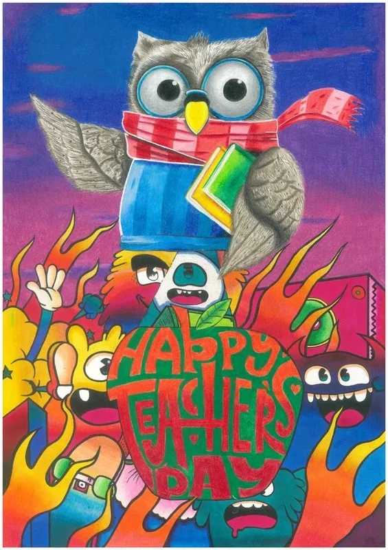A 2020 teachers’ day poster uses a wise owl to represent teachers and playful doodles to reflect students’ personalities.