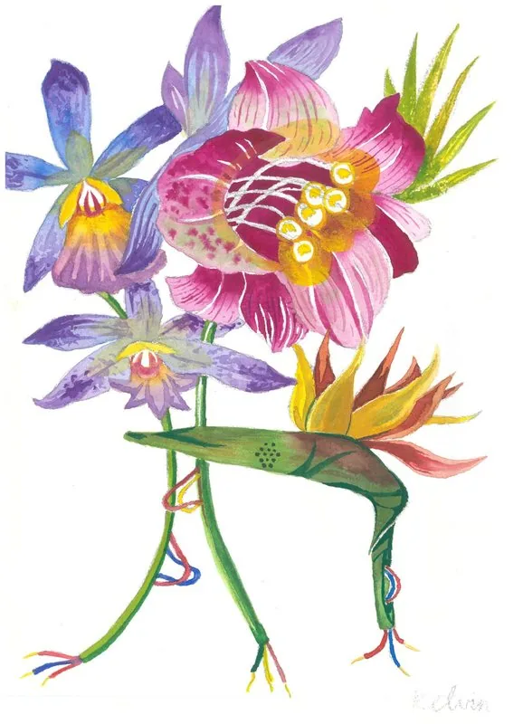 Flowers with stems of electrical wires reflect human influence on the environment and the enduring beauty of nature and the inner self.