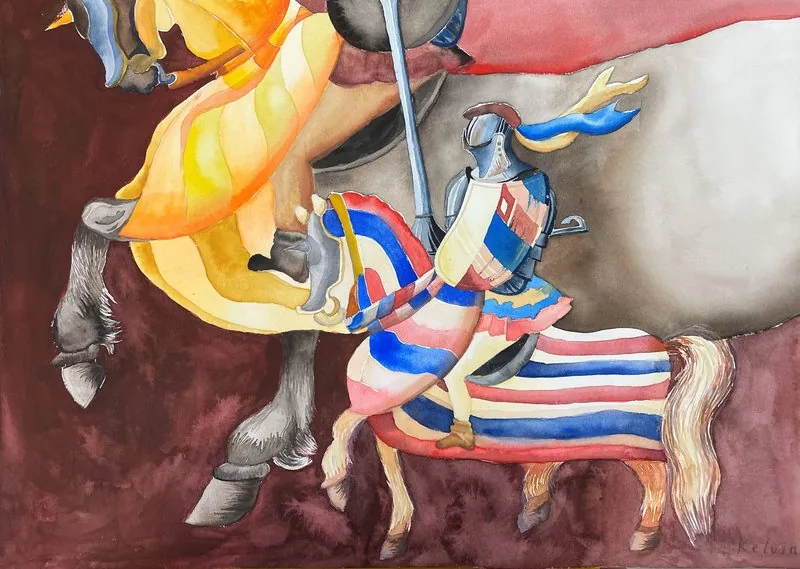 Contrasting knights and horses use exaggerated scale to challenge racial pride and advocate equity.
