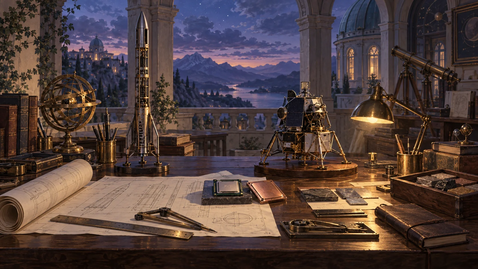 An imagined engineering atelier beside an observatory, with drafting tools and models beneath a blue-violet evening sky.