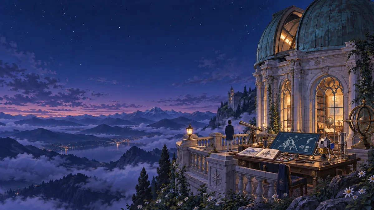An original imagined mountain observatory at dusk: Kelvin's small back-view stands beside a terrace workbench with a lunar lander model, spacecraft drawings, sketchbook and watercolours.
